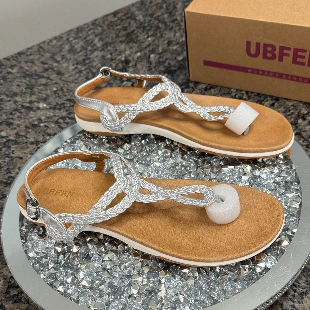 UBFEN metallic silver and Tan Braided Sandals NEW 10